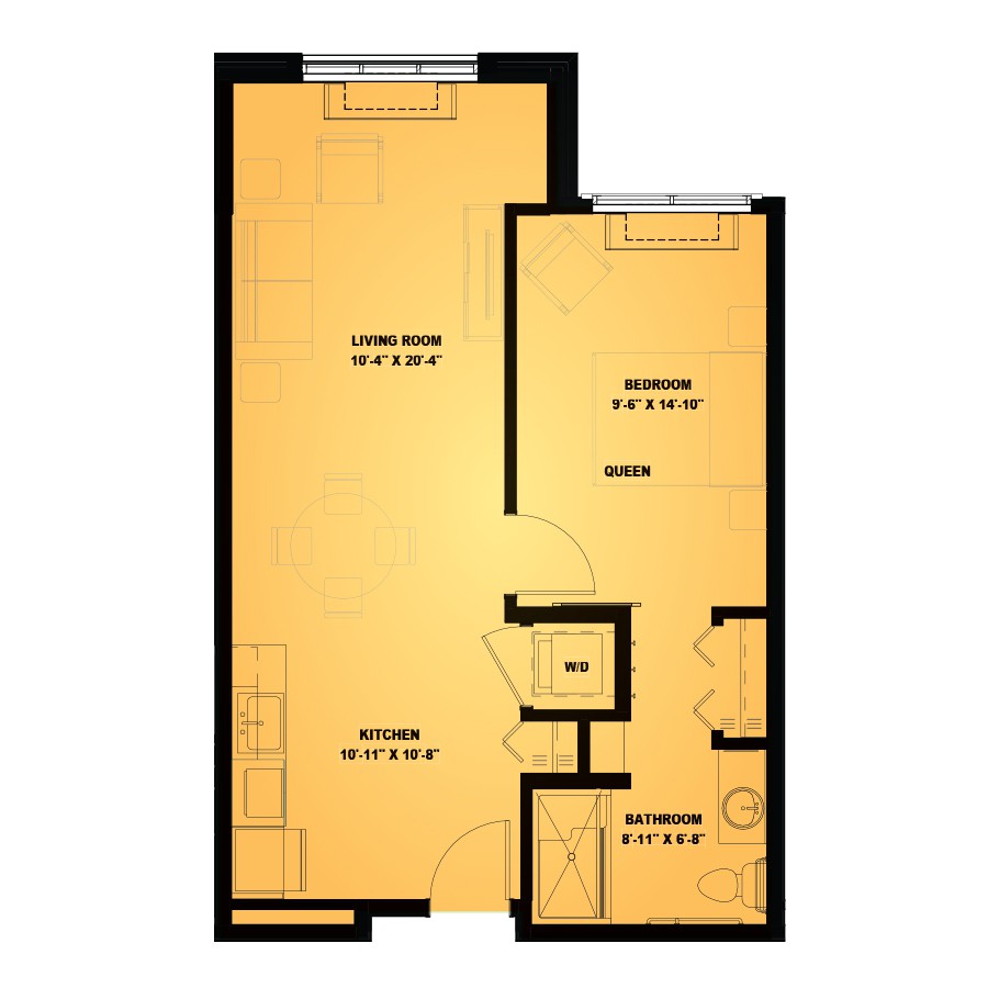 A floor plan of a one-bedroom apartment with labels for the living room, kitchen, and bathroom.