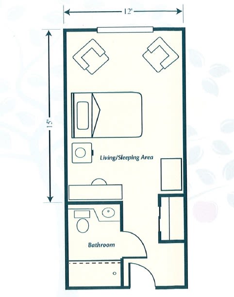 Floor plan of a studio apartment with designated living/sleeping area and bathroom.