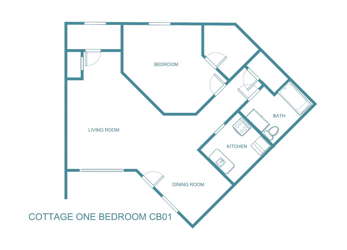 Floor plan of a one-bedroom apartment layout.