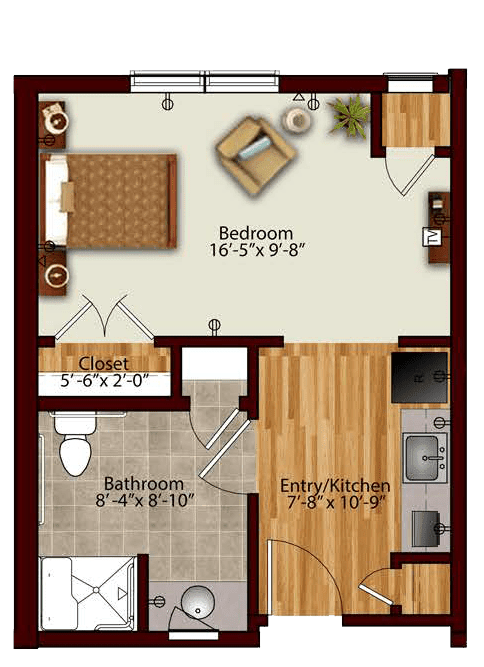 A simple floor plan of a one-bedroom apartment with designated areas for the bedroom, bathroom, and entry/kitchen.