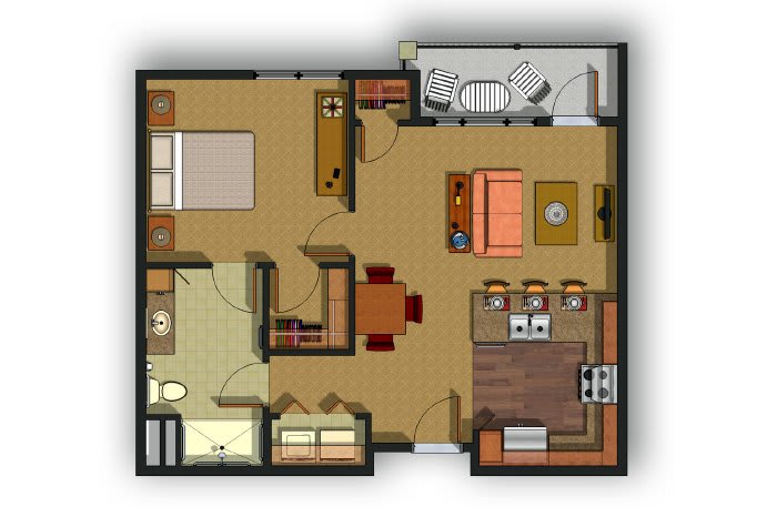 A floor plan of a one-bedroom apartment featuring a kitchen, living room, dining area, and bathroom.