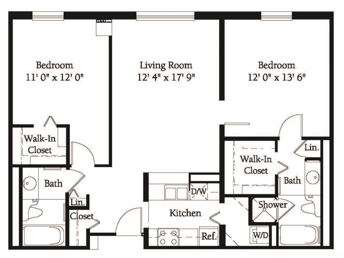A floor plan of a two-bedroom apartment with living room, kitchen, bathrooms, and walk-in closets.