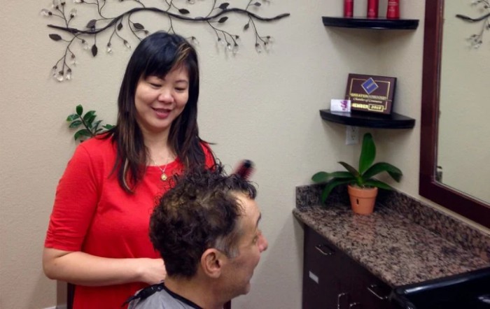 A stylist giving a haircut to a customer in a salon.