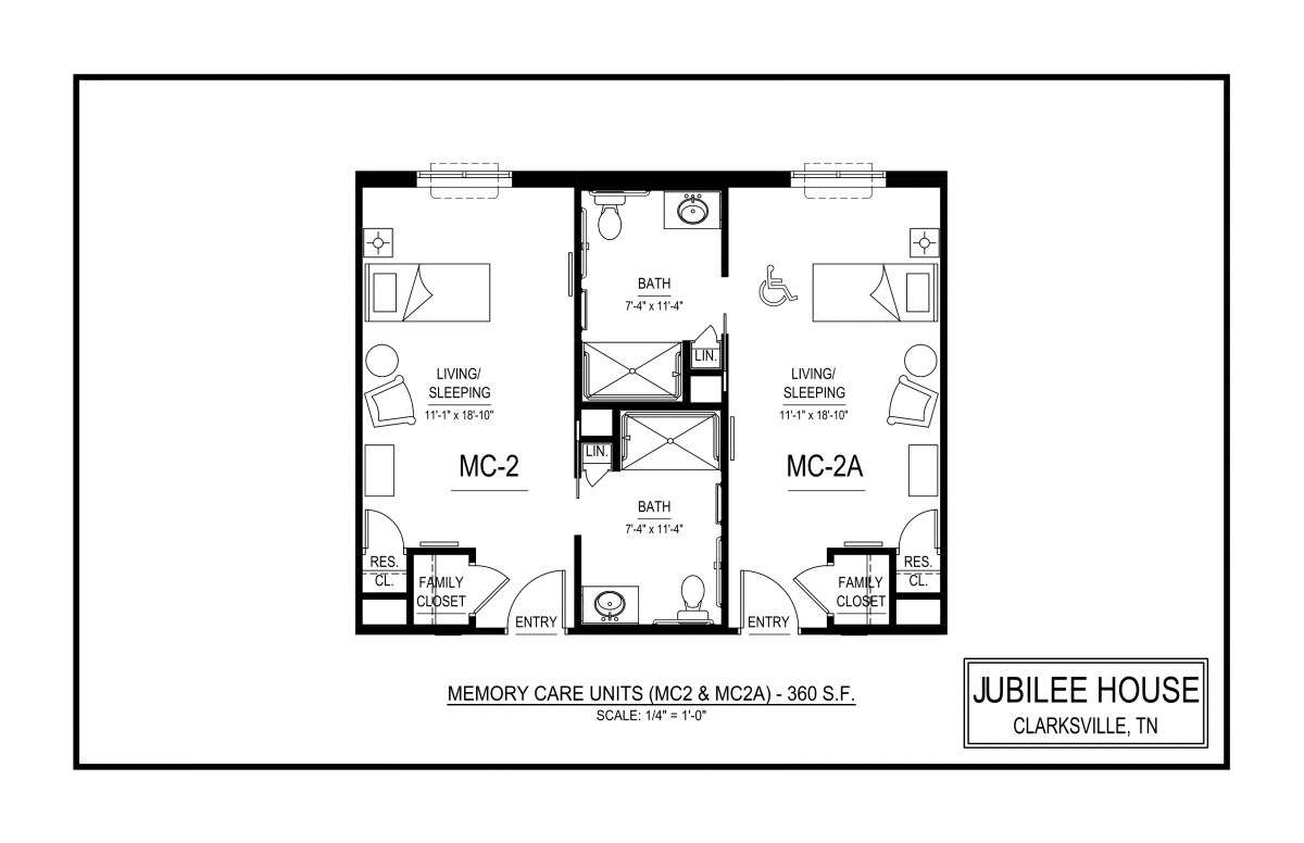 Two-bedroom apartment floor plan with a central living area and two bathrooms.