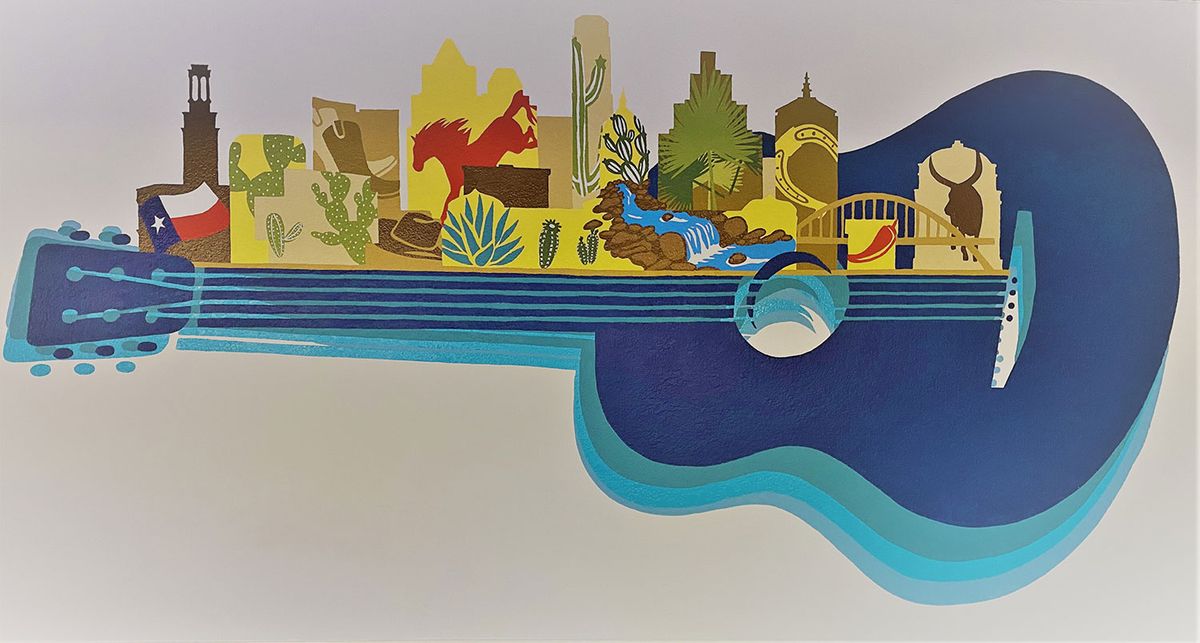 Illustration of a guitar with cityscape and landmarks integrated into its design.