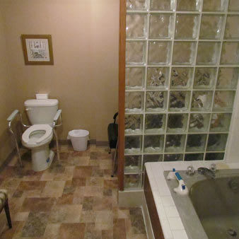 A bathroom featuring a toilet, a bathtub, and a decorative glass wall.