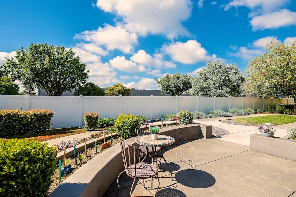 A sunny outdoor patio with chairs and a table, set against a garden backdrop.