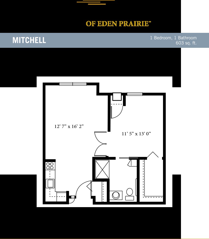 Floor plan of a one-bedroom apartment at Mitchell of Eden Prairie.