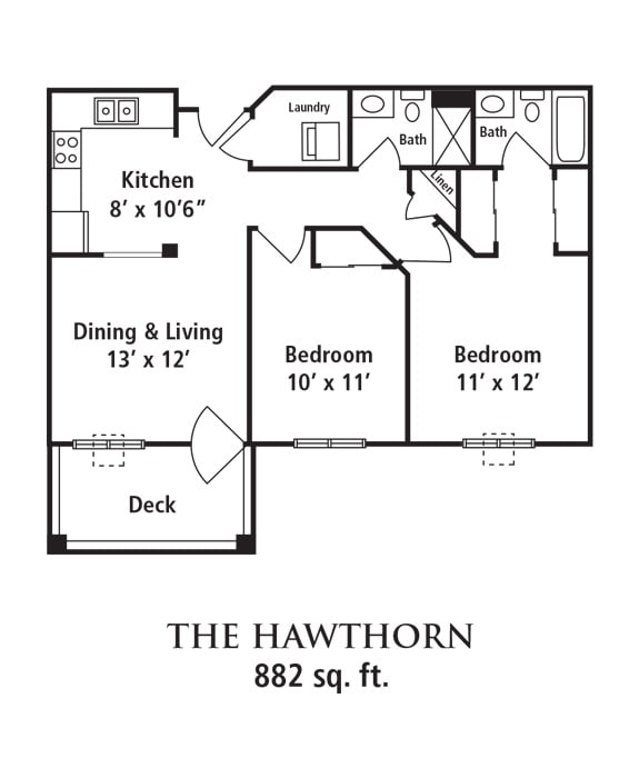 The floor plan of 'The Hawthorn,' an 882 square foot two-bedroom apartment.
