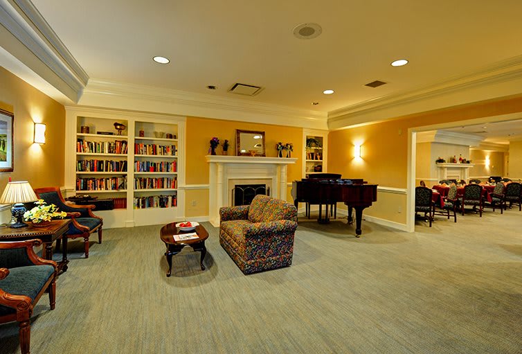 A cozy living room with a fireplace, a grand piano, and a bookshelf filled with books.