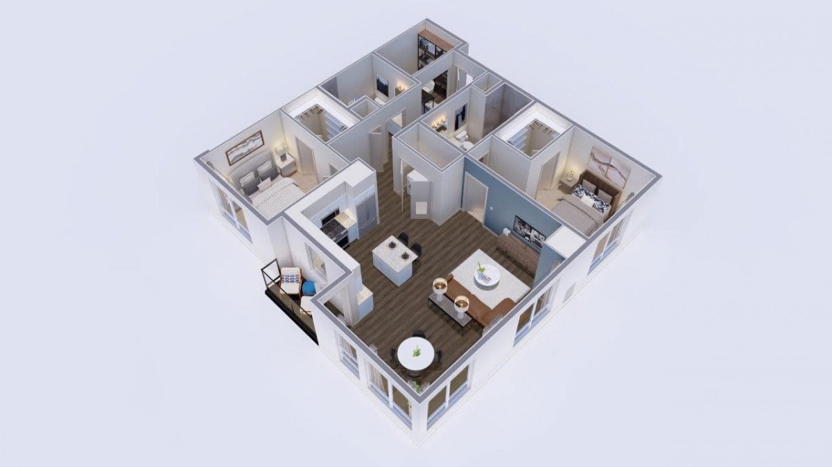 A 3D rendering of a modern apartment layout showcasing the interior design and furniture arrangement.