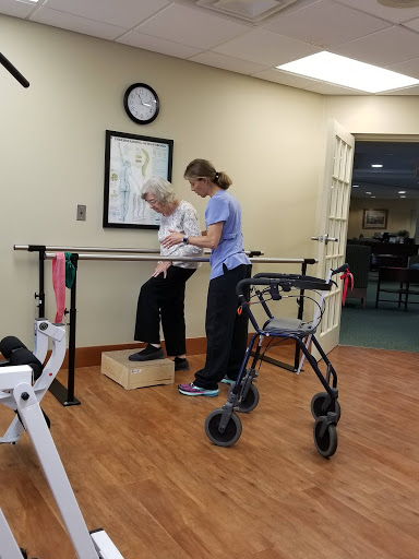 A physical therapist assists an elderly patient during a rehabilitation exercise in a therapy room.