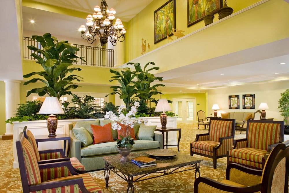 A stylishly decorated living room featuring a chandelier, comfortable seating, and lush indoor plants.