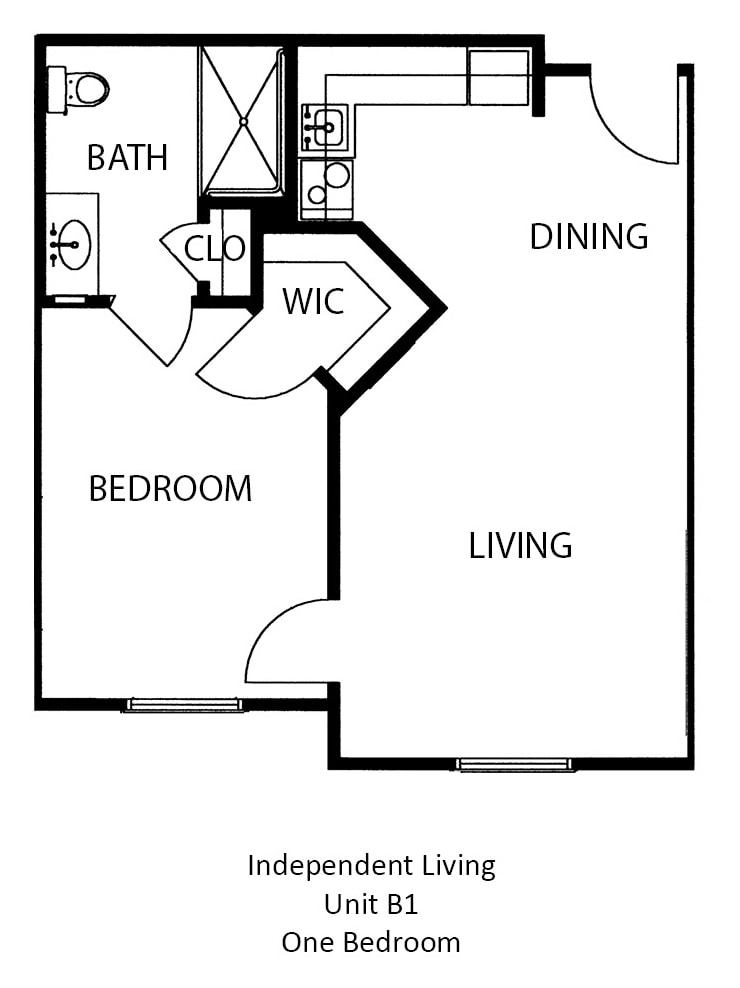 A floor plan of a one-bedroom apartment showing layout with living and dining areas, kitchen, bathroom, and walk-in closet.
