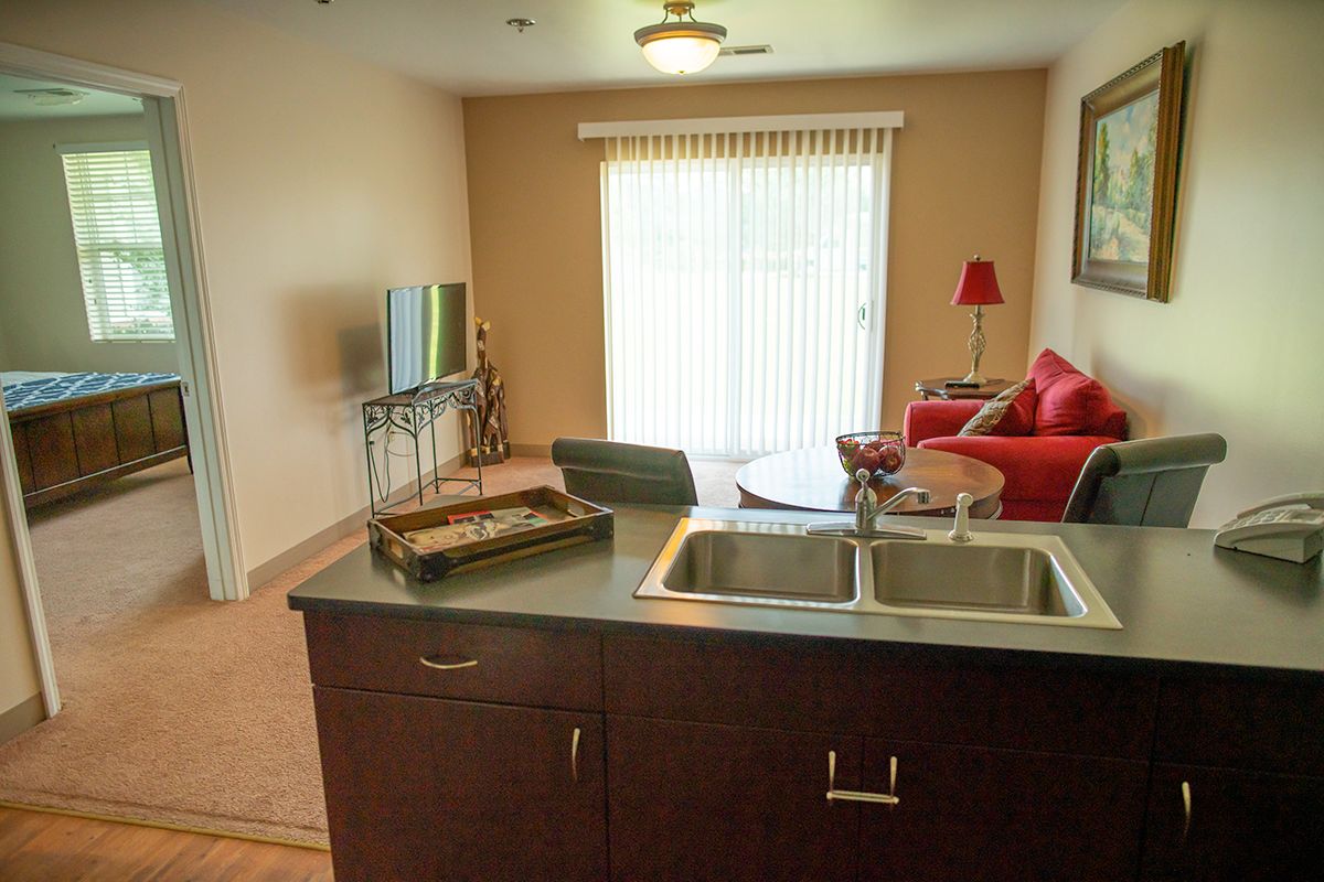 A modern apartment interior featuring an open-plan living room and kitchen with a red couch, television, and dual-basin sink.