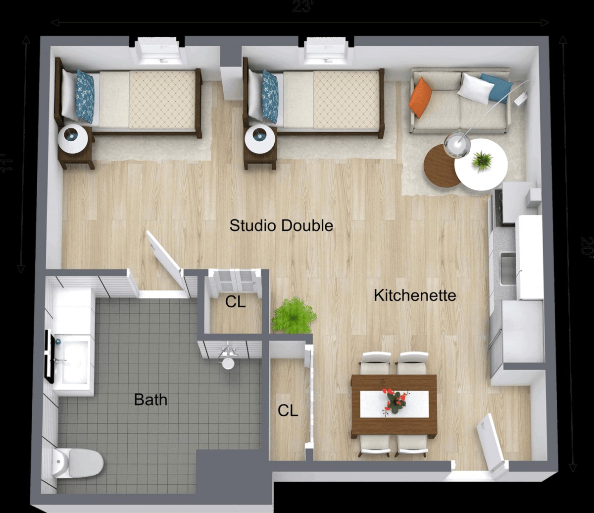 A compact apartment floor plan featuring a bedroom, a kitchen-living area, and a bathroom.