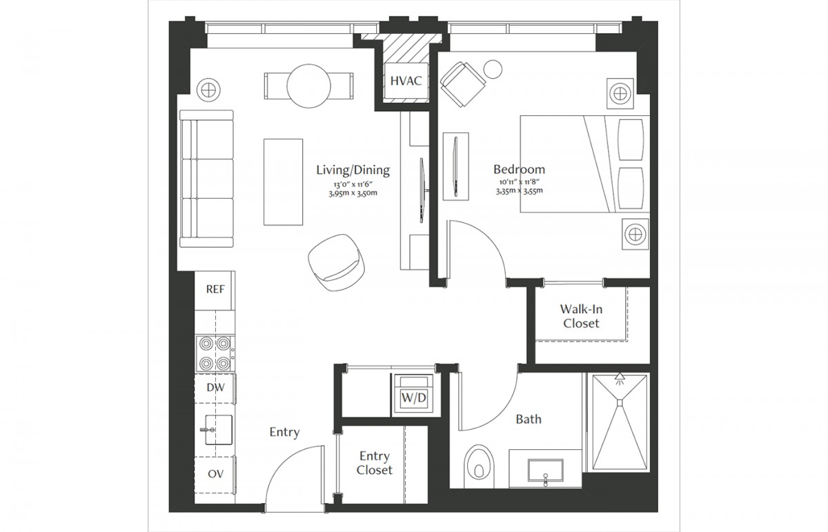 Floor plan of a one-bedroom apartment with living/dining area, kitchen, and bathroom.