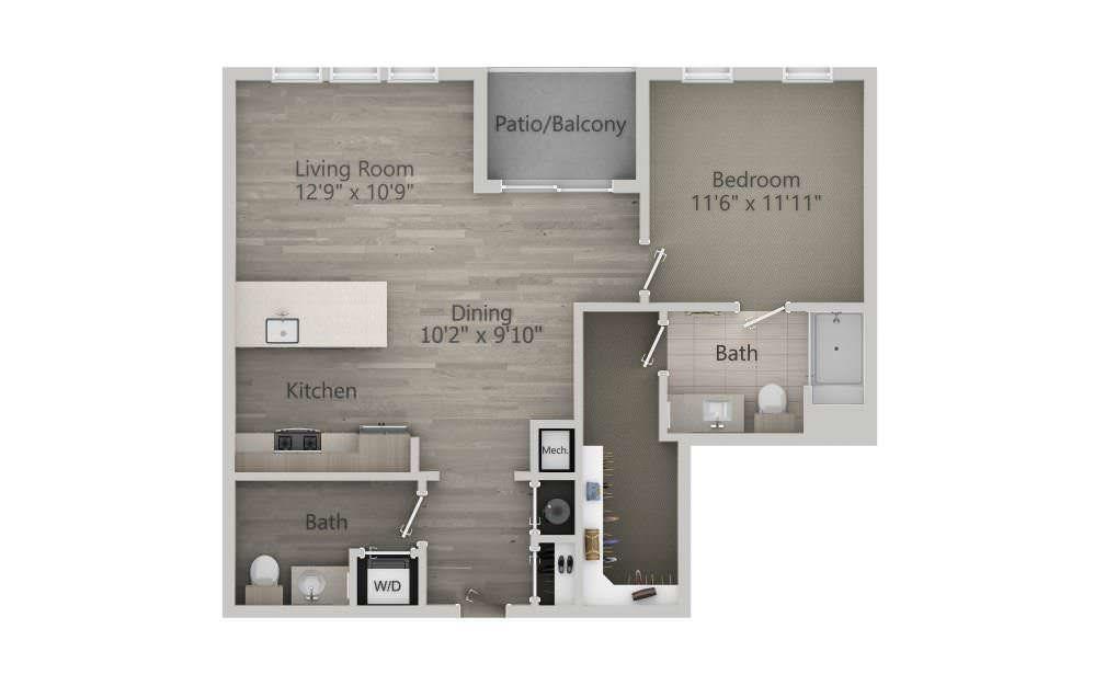 A detailed floor plan of a one-bedroom apartment with living room, kitchen, bathroom, and balcony.