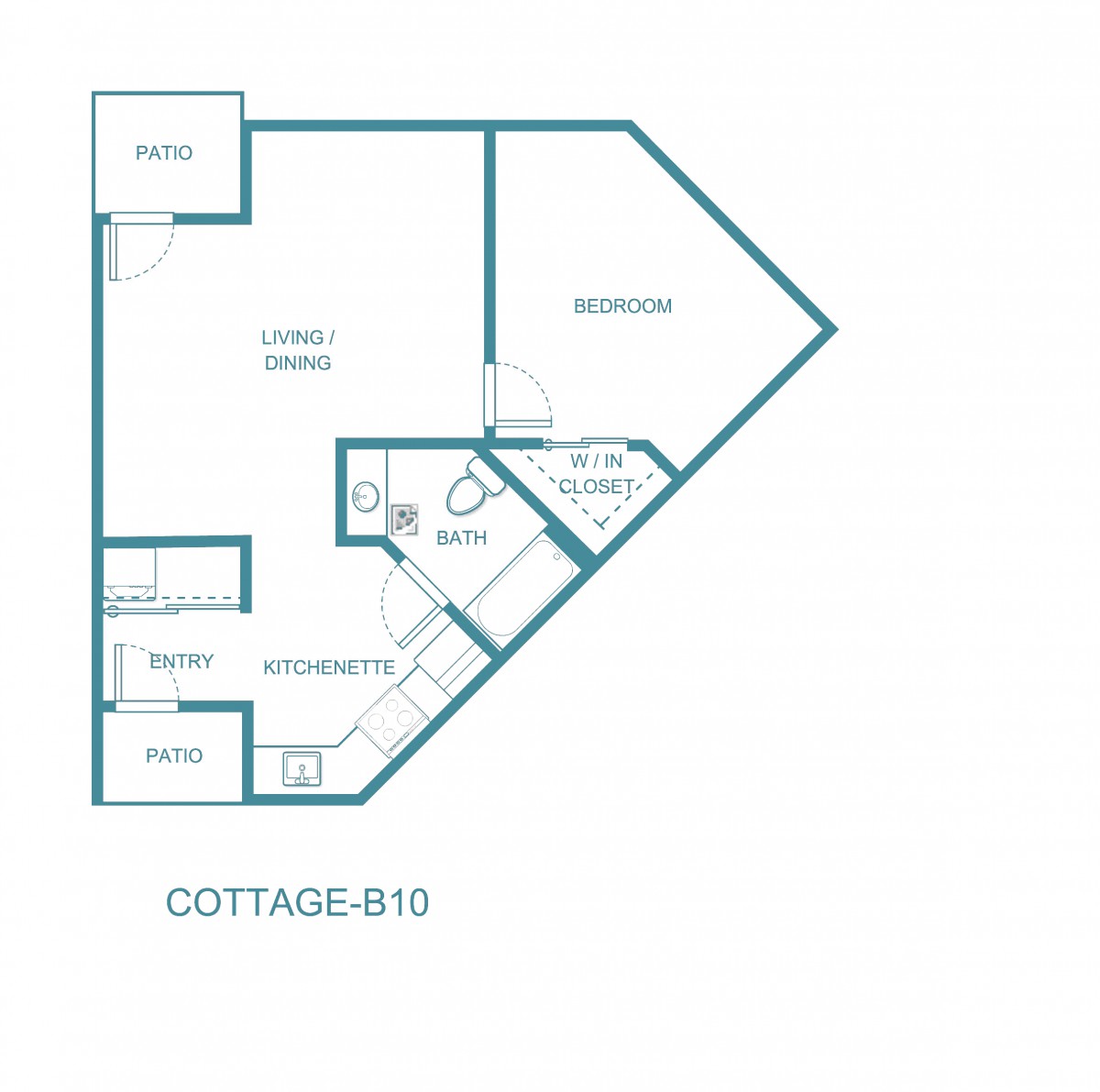 A floor plan for a one-bedroom cottage apartment.