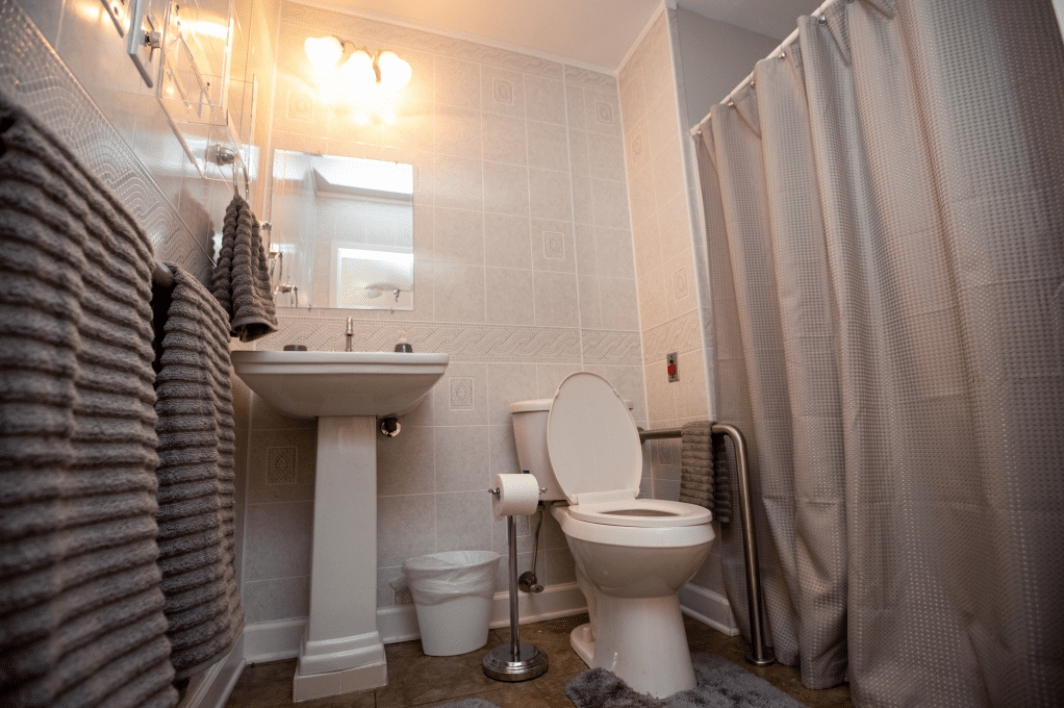 A well-lit bathroom featuring a toilet, pedestal sink, and a shower with a curtain.