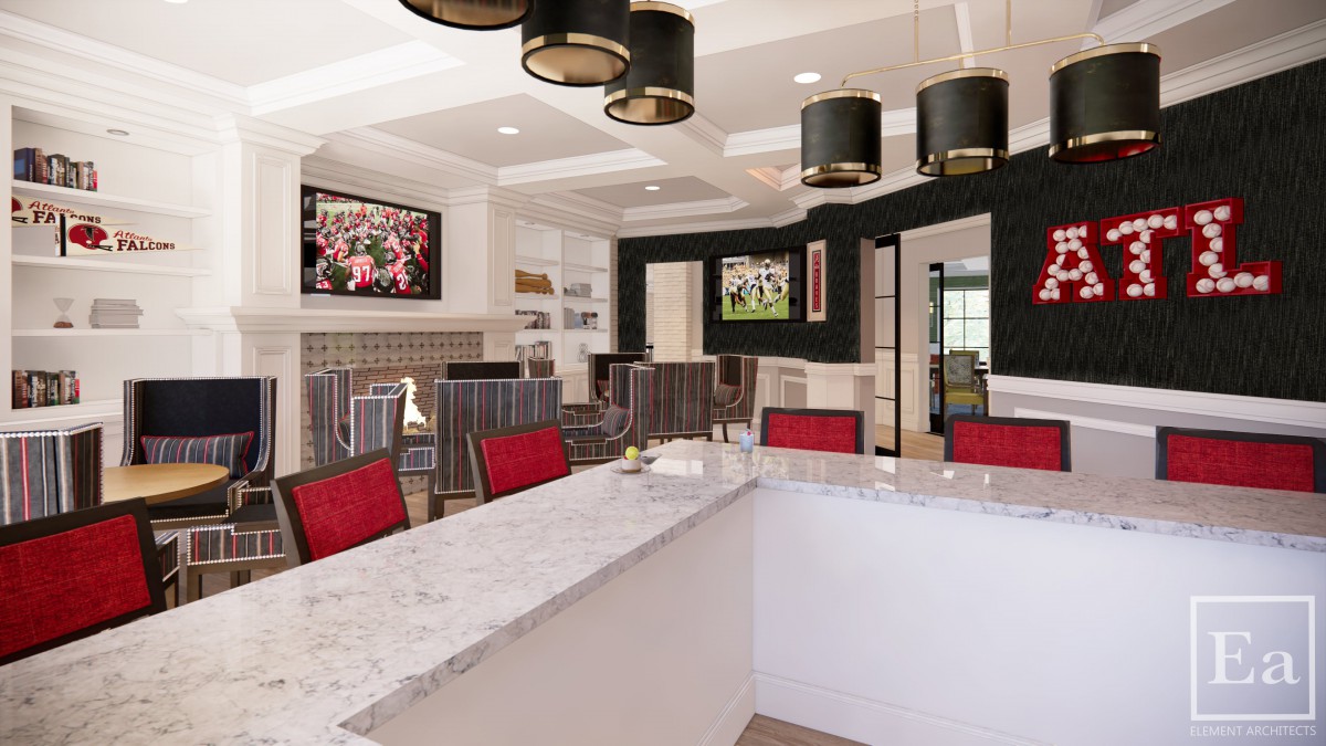 Modern kitchen with sleek countertops and stylish lighting fixtures.