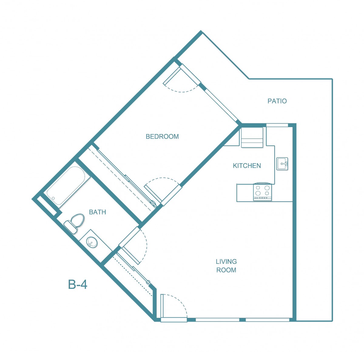 An architectural floor plan showing the layout of an apartment with designated areas for living, kitchen, bedroom, and bathroom.