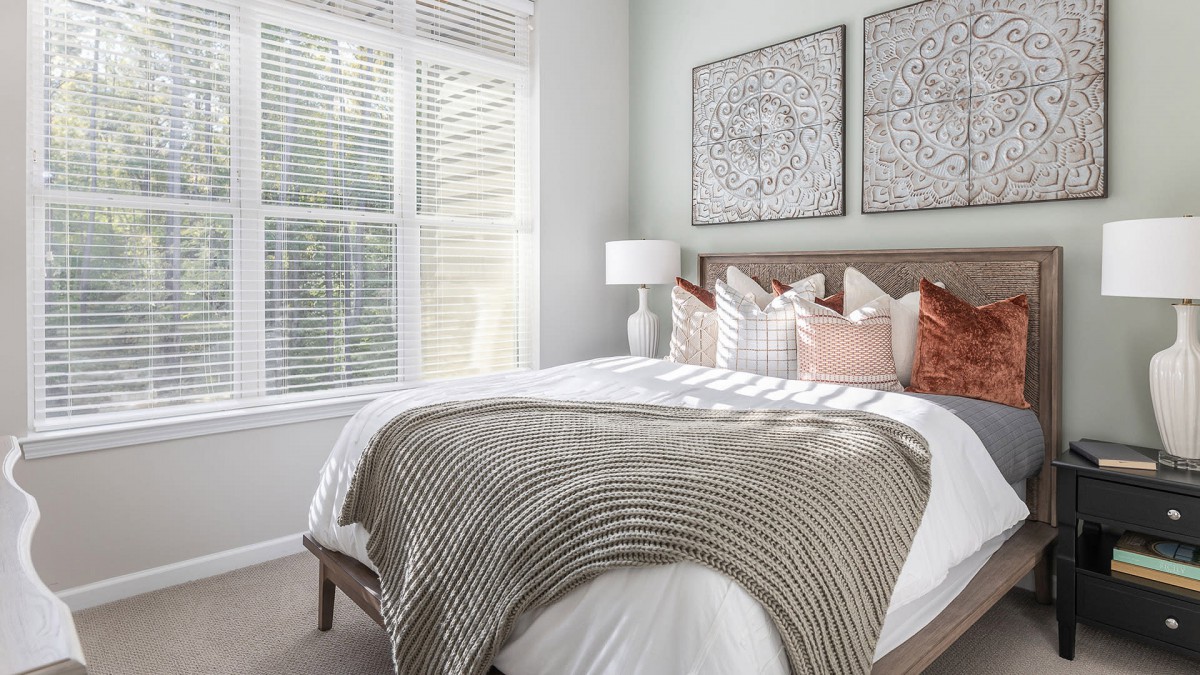 A modern bedroom interior with a neatly made bed, decorative pillows, and ample natural light streaming through the window.