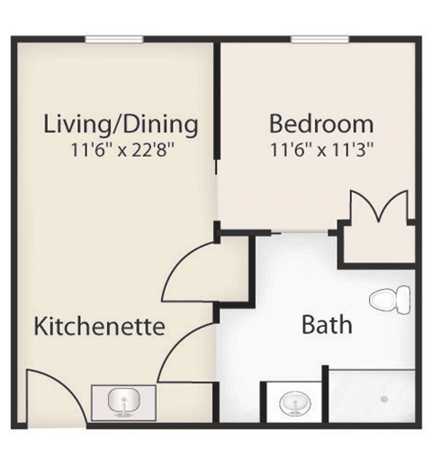 A floor plan of a one-bedroom apartment featuring a living/dining area, kitchenette, bath, and bedroom.