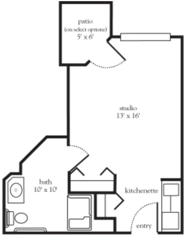 A floor plan showing the layout of an apartment with designated areas for a living room, kitchen, and bathroom.