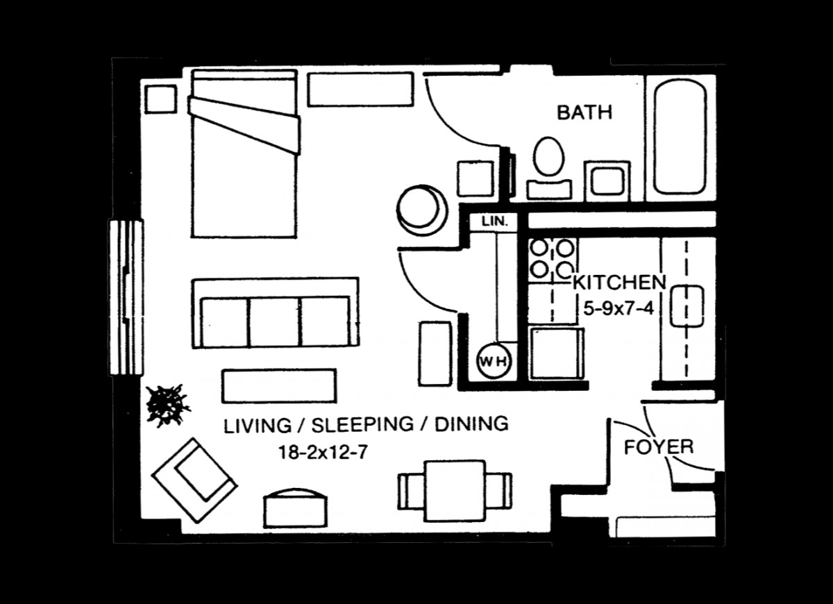 Floor plan of a studio apartment with combined living, sleeping, and dining areas.