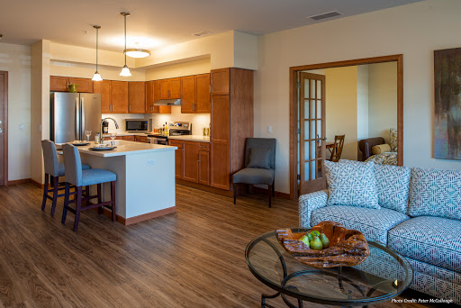 A cozy and modern open-concept kitchen and living area, featuring stylish wooden cabinetry and inviting furniture.