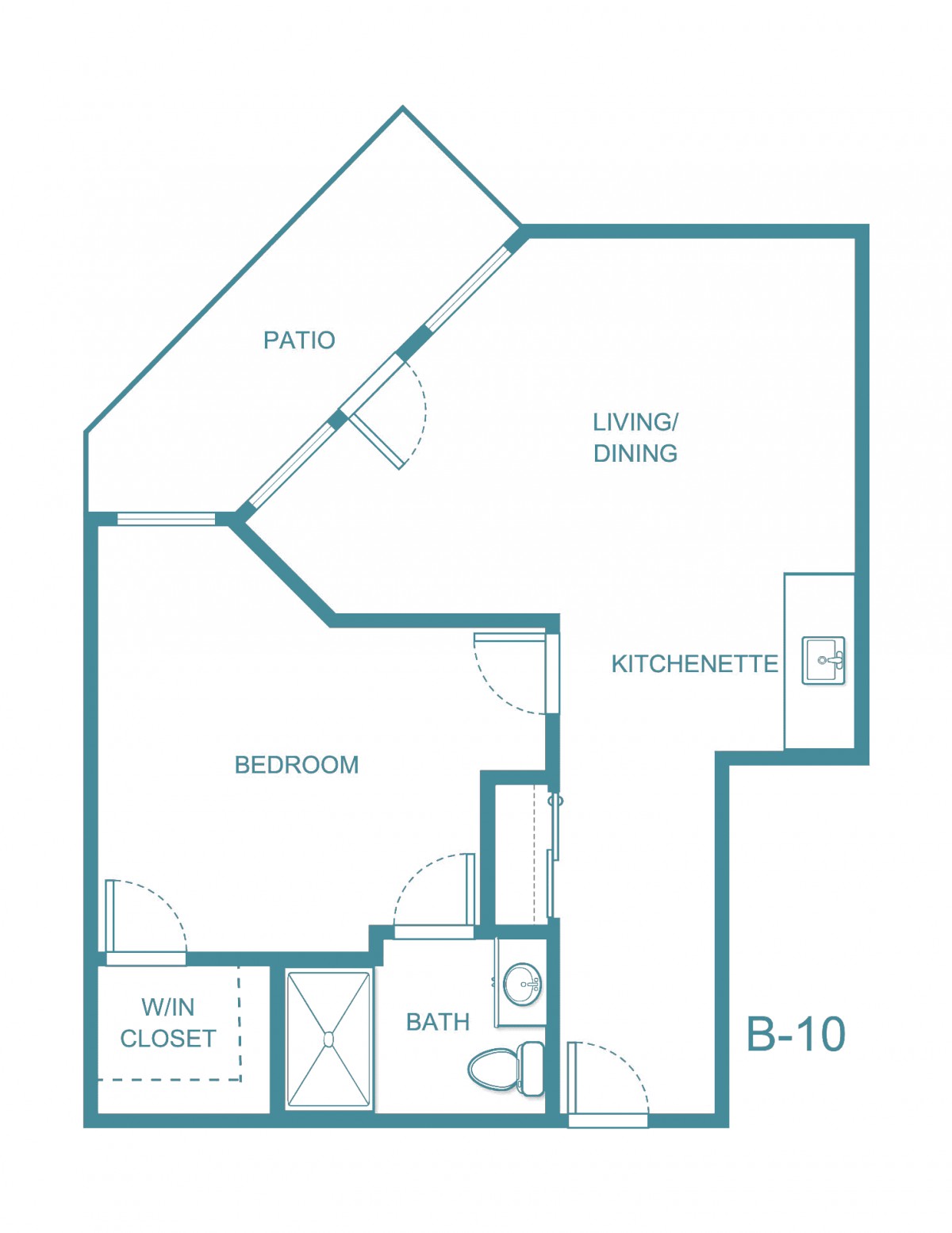 A floor plan depicting a one-bedroom apartment with a living area, kitchenette, bathroom, and closet.
