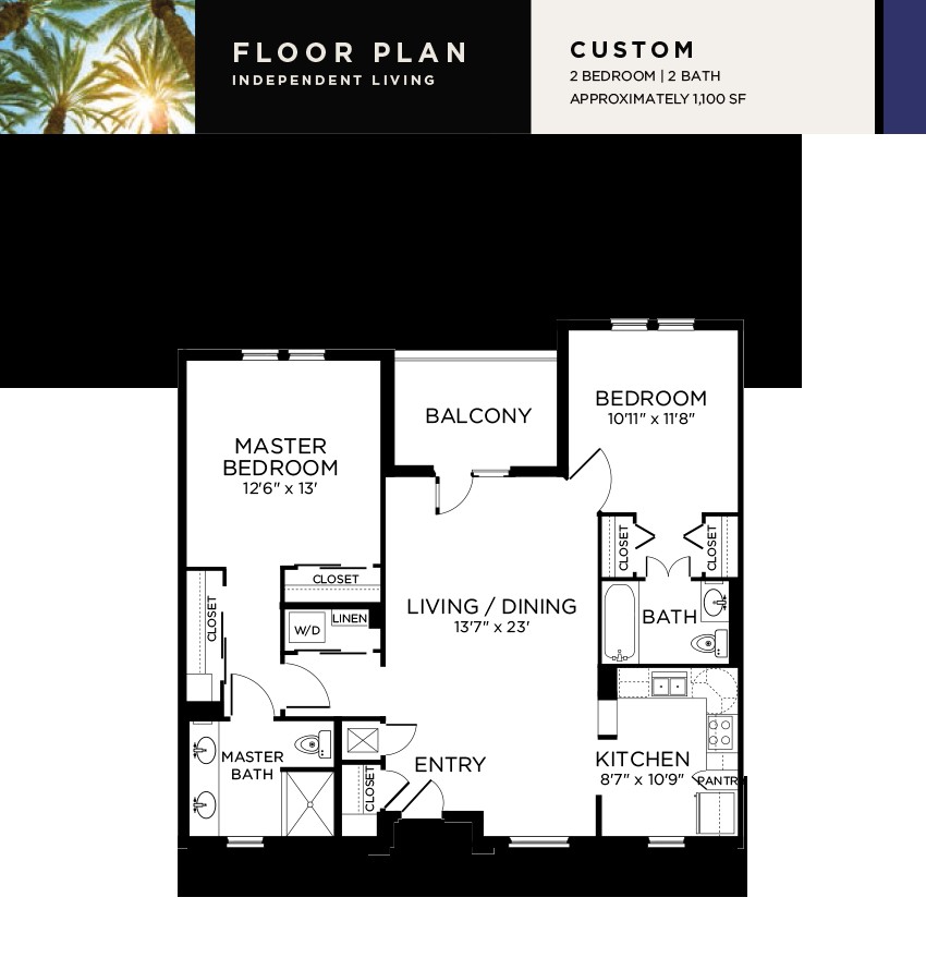 A detailed floor plan of a two-bedroom apartment with a balcony.