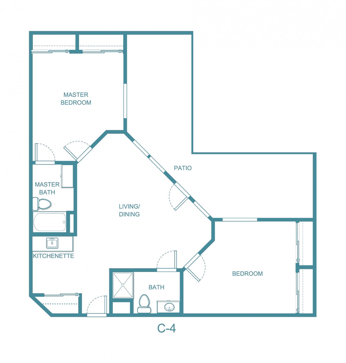A floor plan of an apartment with two bedrooms, a living room, kitchen, and bathrooms.