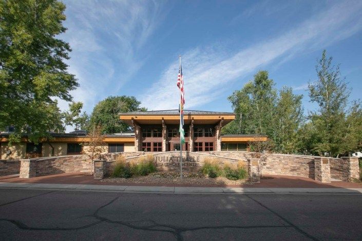 A public library with a flagpole in front, surrounded by trees and set against a clear blue sky.