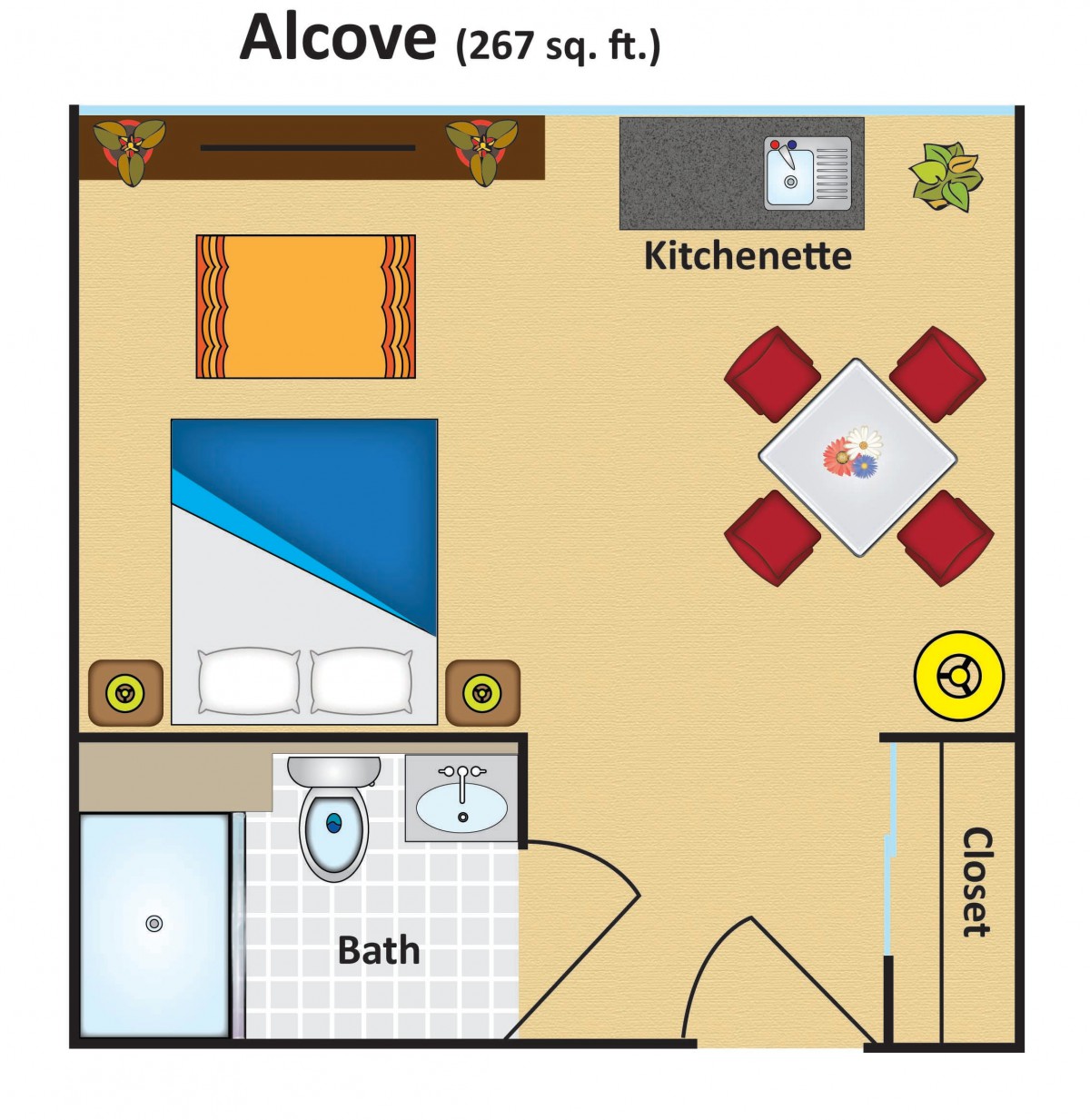 This image illustrates a floor plan of an alcove studio apartment featuring a kitchenette, bathroom, and main living area with sleeping quarters.