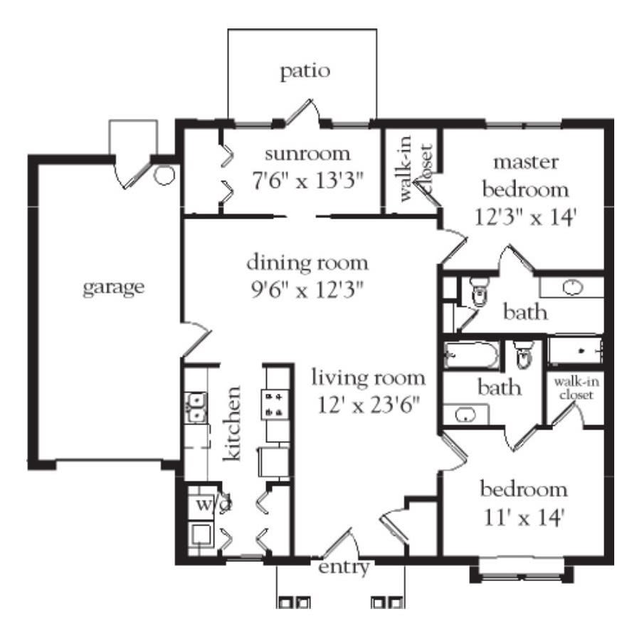 A floor plan depicting the layout of a house with various rooms, including a living room, dining room, kitchen, bedrooms, bathrooms, garage, and patio.