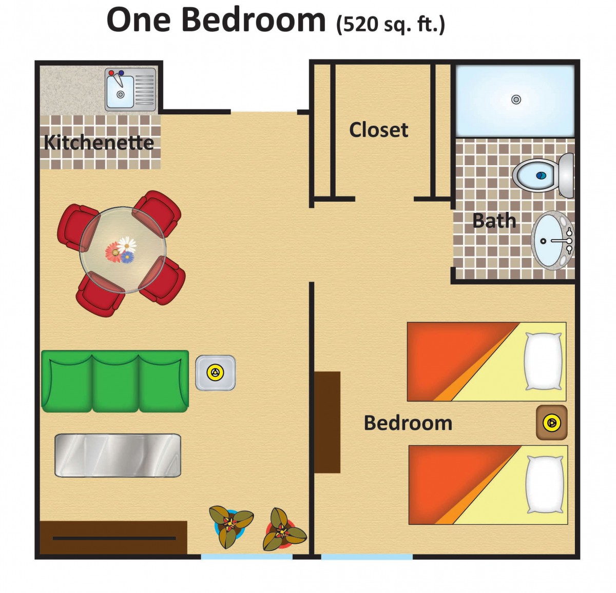A floor plan of a one-bedroom apartment measuring 520 square feet, featuring a living room, kitchen, bathroom, and closet.