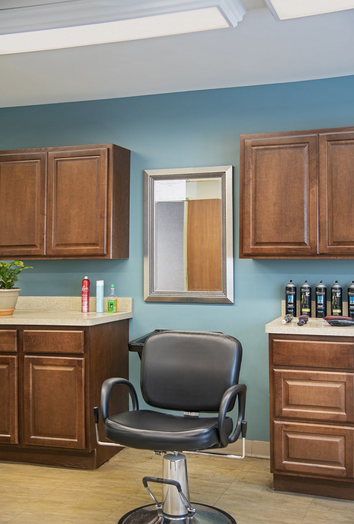 A hair salon interior featuring a styling chair, mirror, cabinets, and various hair products.