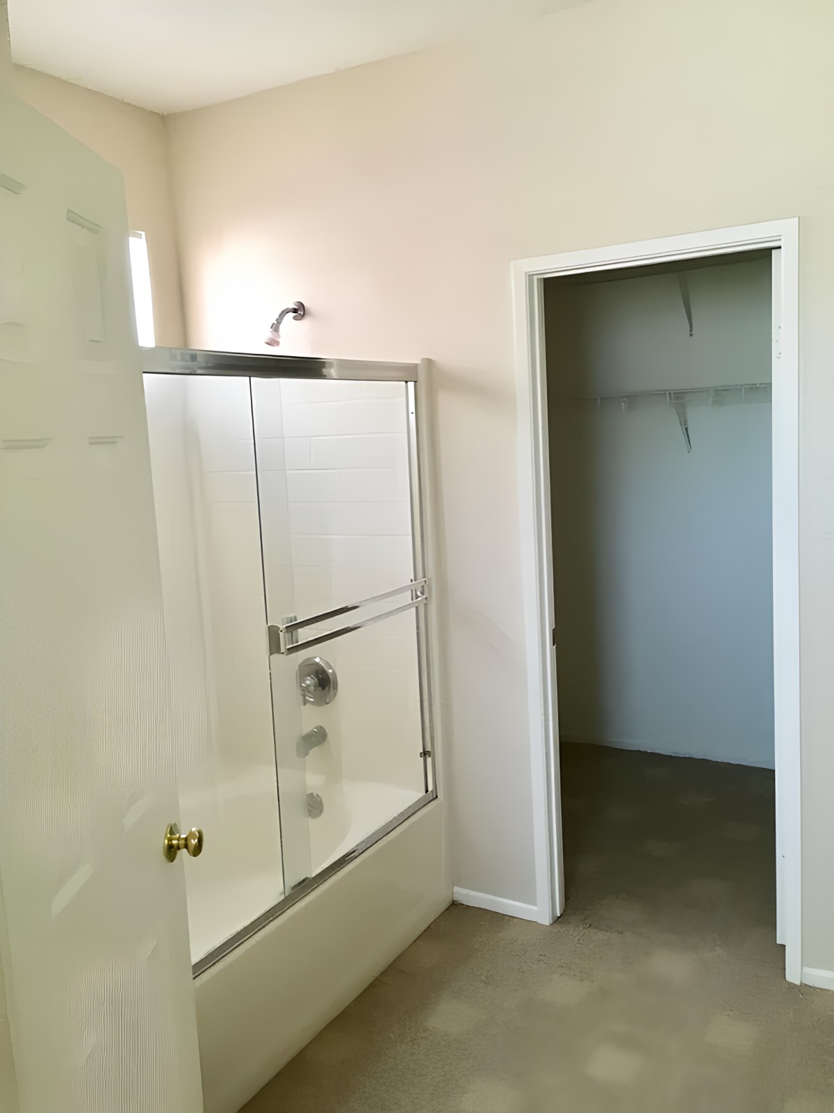 A bathroom featuring a glass-enclosed shower and an adjoining closet.