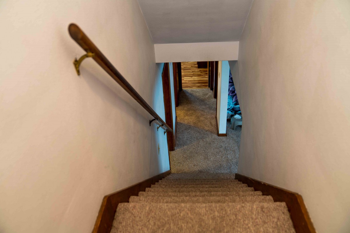 A view down a carpeted staircase with a handrail leading to a lower hallway.