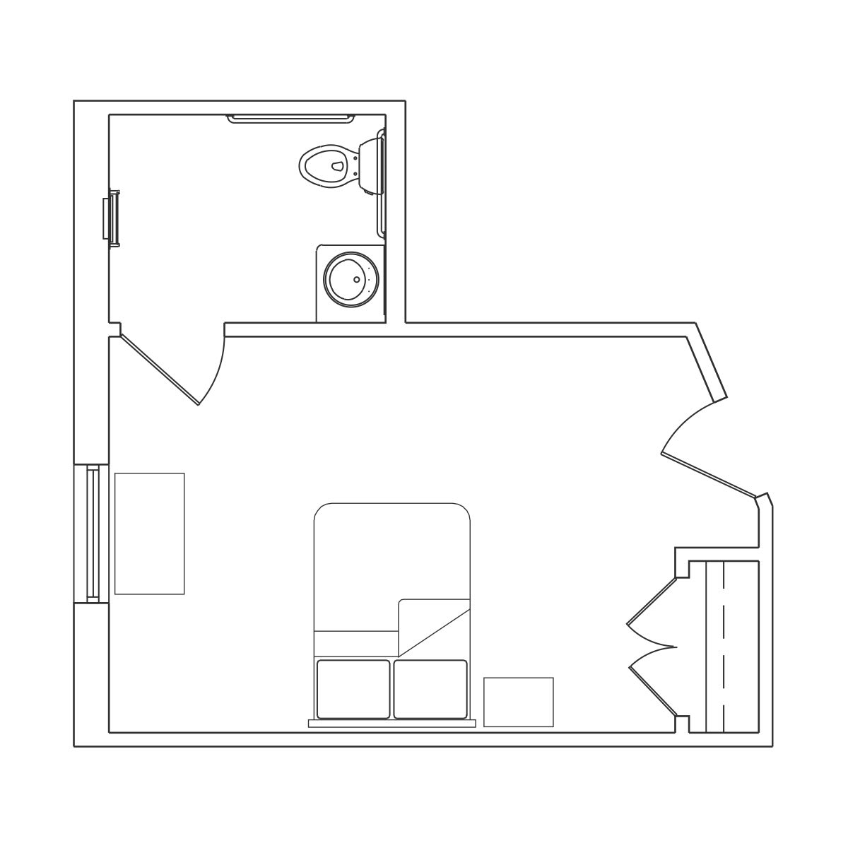 A floor plan of a small apartment with a bedroom and bathroom.