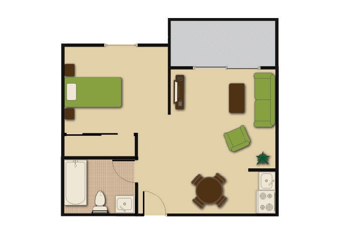 A floor plan of a one-bedroom apartment featuring a living area, kitchen, bathroom, and bedroom.