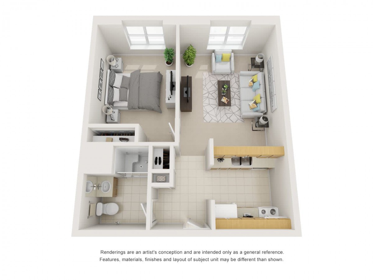 A 3D rendered floor plan of a one-bedroom apartment featuring an open living area, kitchen, and separate bathroom.