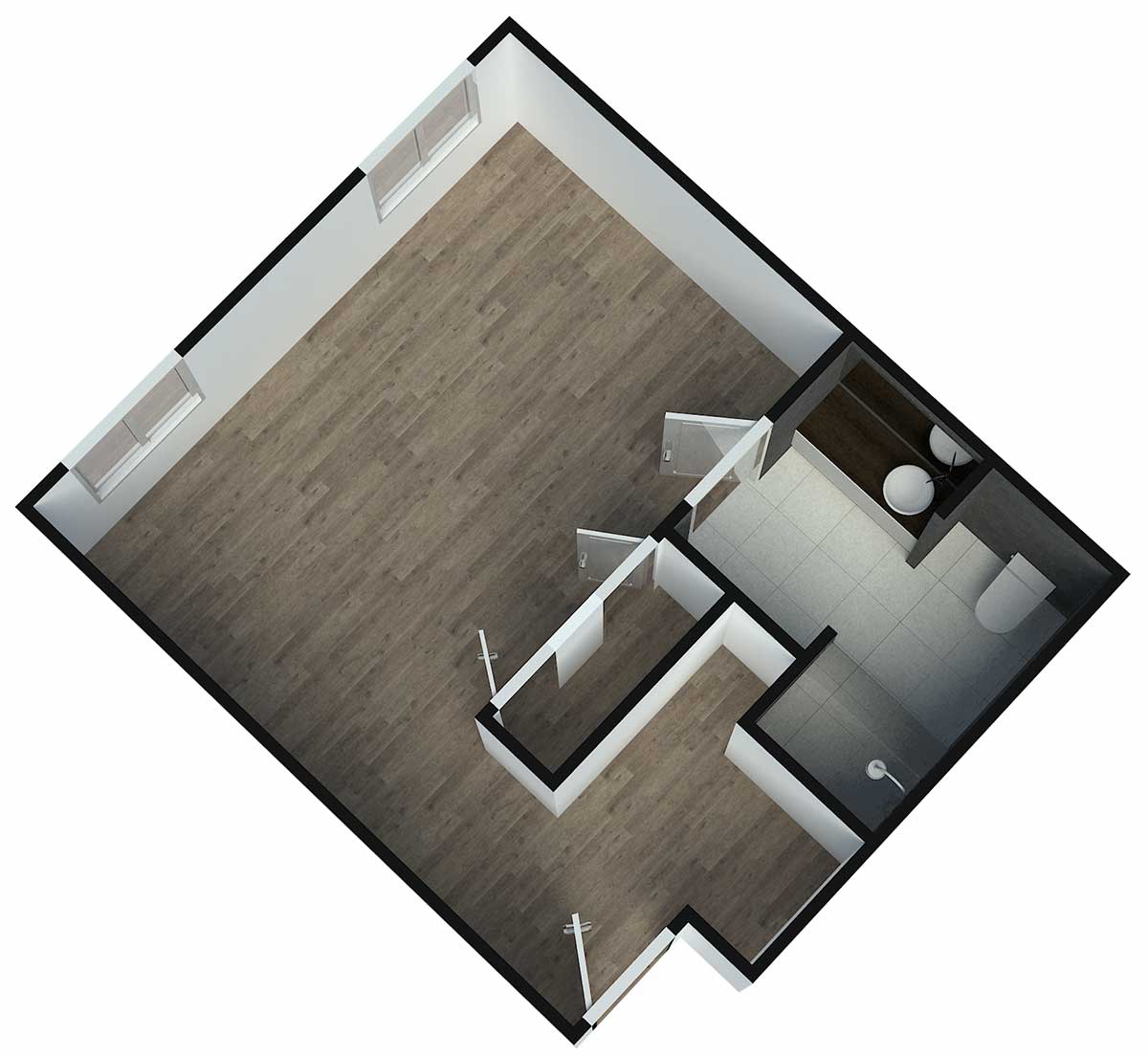A 3D rendering of a floor plan showcasing an open layout with one main room and additional spaces.