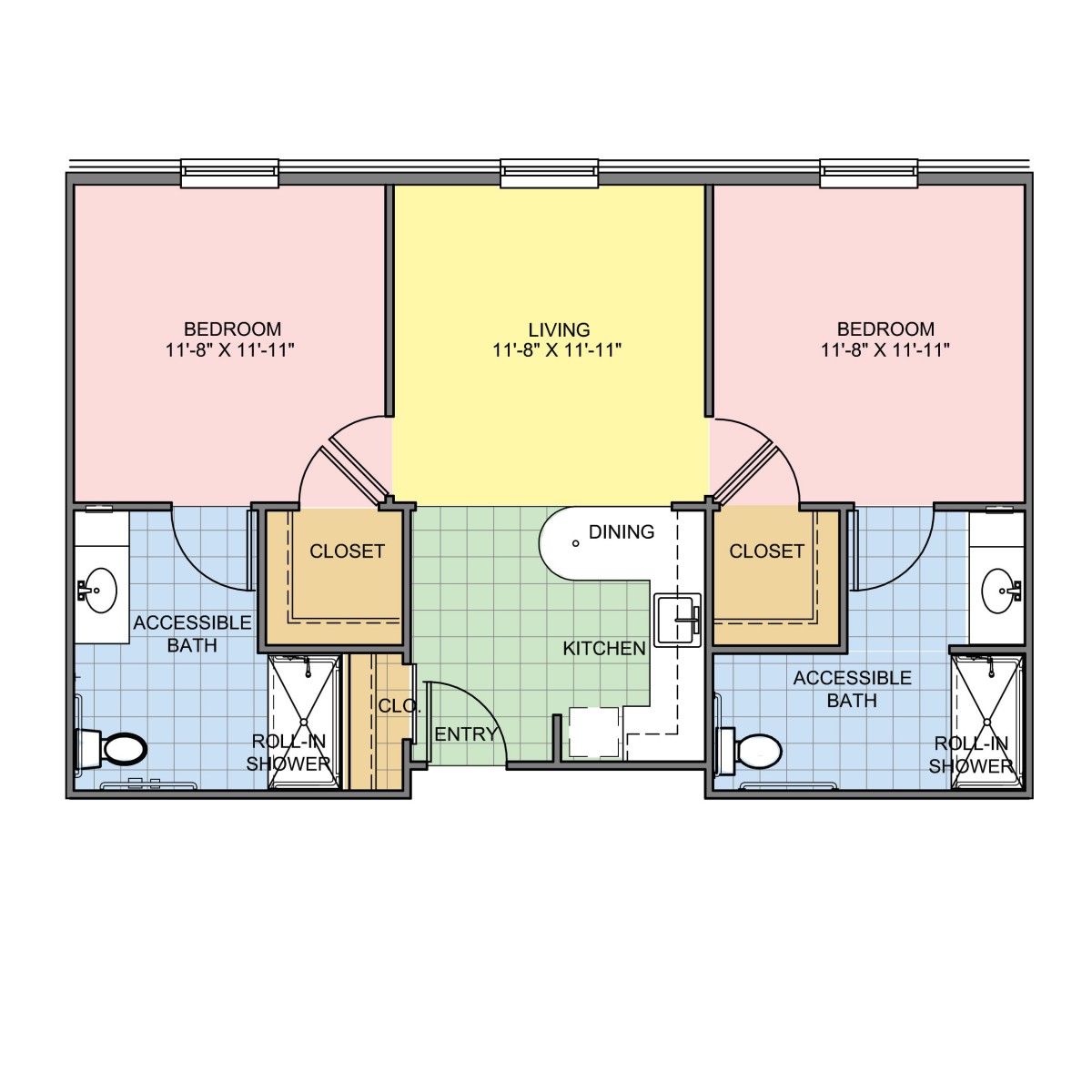 A floor plan of a two-bedroom apartment featuring two bathrooms, a kitchen, and a living area.