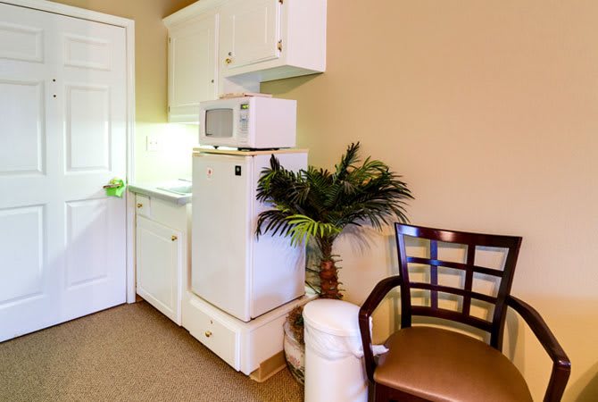 A small kitchenette area with a microwave, refrigerator, and cabinets alongside a chair and potted plant.