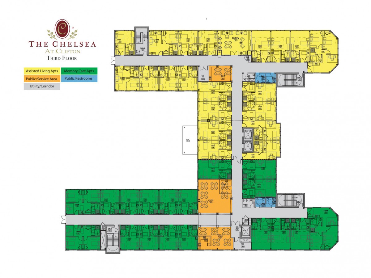 Color-coded floor plan of the Chelsea apartment building.