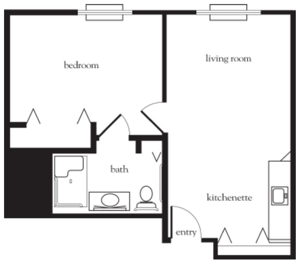 A floor plan of an apartment showing the layout of a kitchen, living room, bathroom, and bedroom.