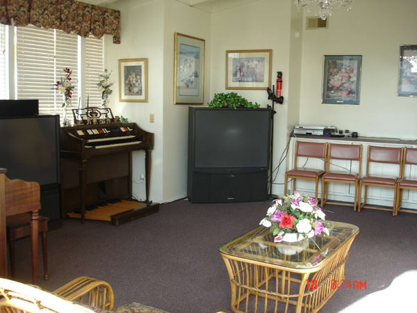 A cozy living room with a vintage organ, television, and floral decor.